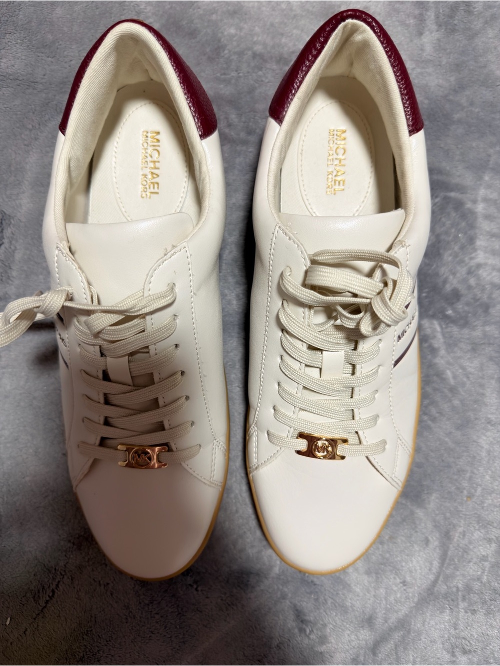Michael Kors Cream Sneakers with Burgundy Heel Accent